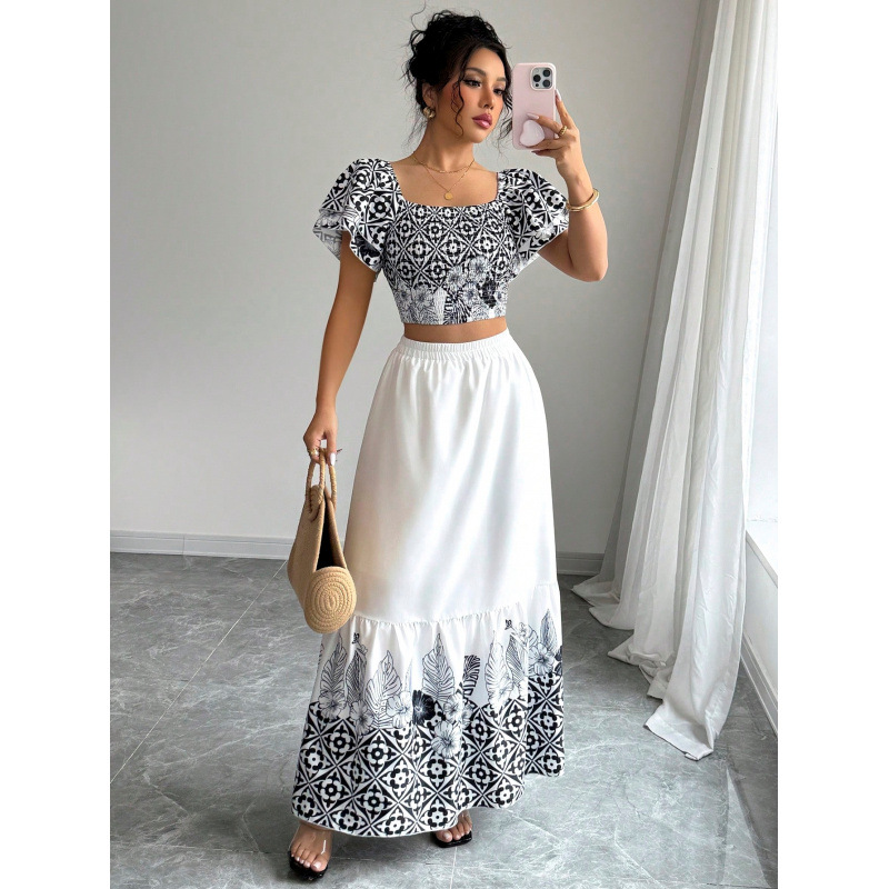 Women's Summer Floral Print A-Line Two-Piece Skirt Set