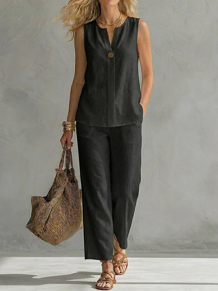 Women's Cotton Linen Sleeveless V-Neck Top and Pants Set Solid Color