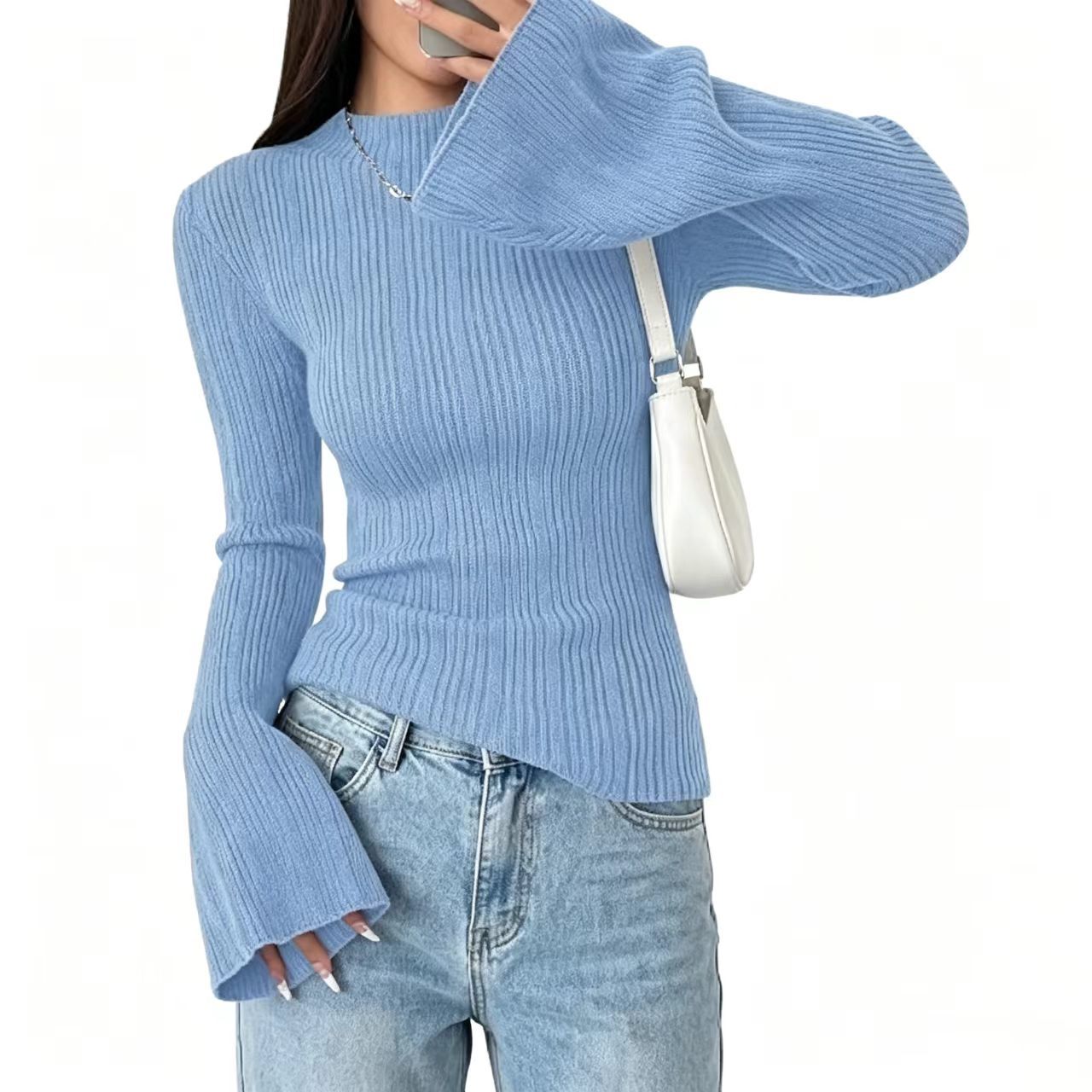 Half Turtleneck Ribbed Flare-Sleeve Knit Top Women Slim Fit Long Sleeve