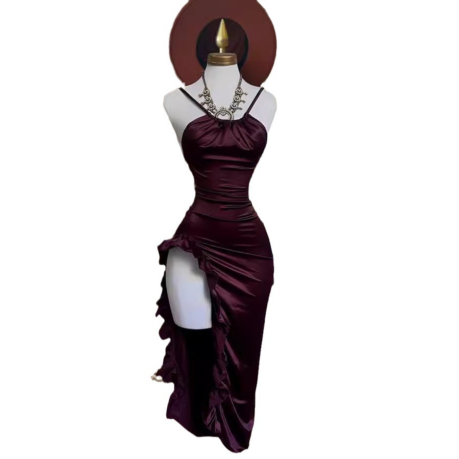 Women's Sleeveless Satin Bodycon Dress with High Slit and V-Neck