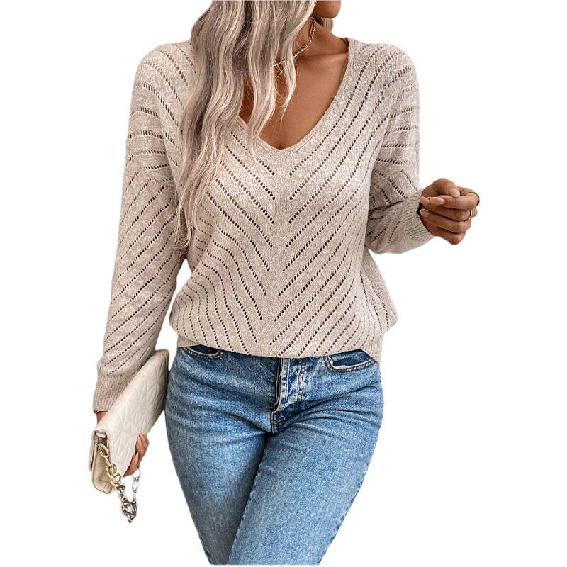Women's Open Knit Pullover Sweater Loose Long Sleeve V-Neck