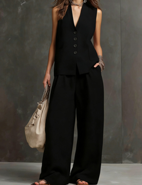 Women's Linen Sleeveless Vest & Wide-Leg Pants Set