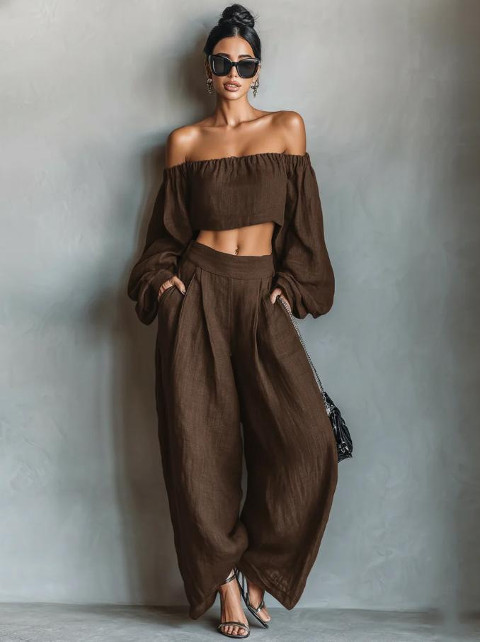Women's Off-Shoulder Ruched Long-Sleeve Top and Wide-Leg Pants Set