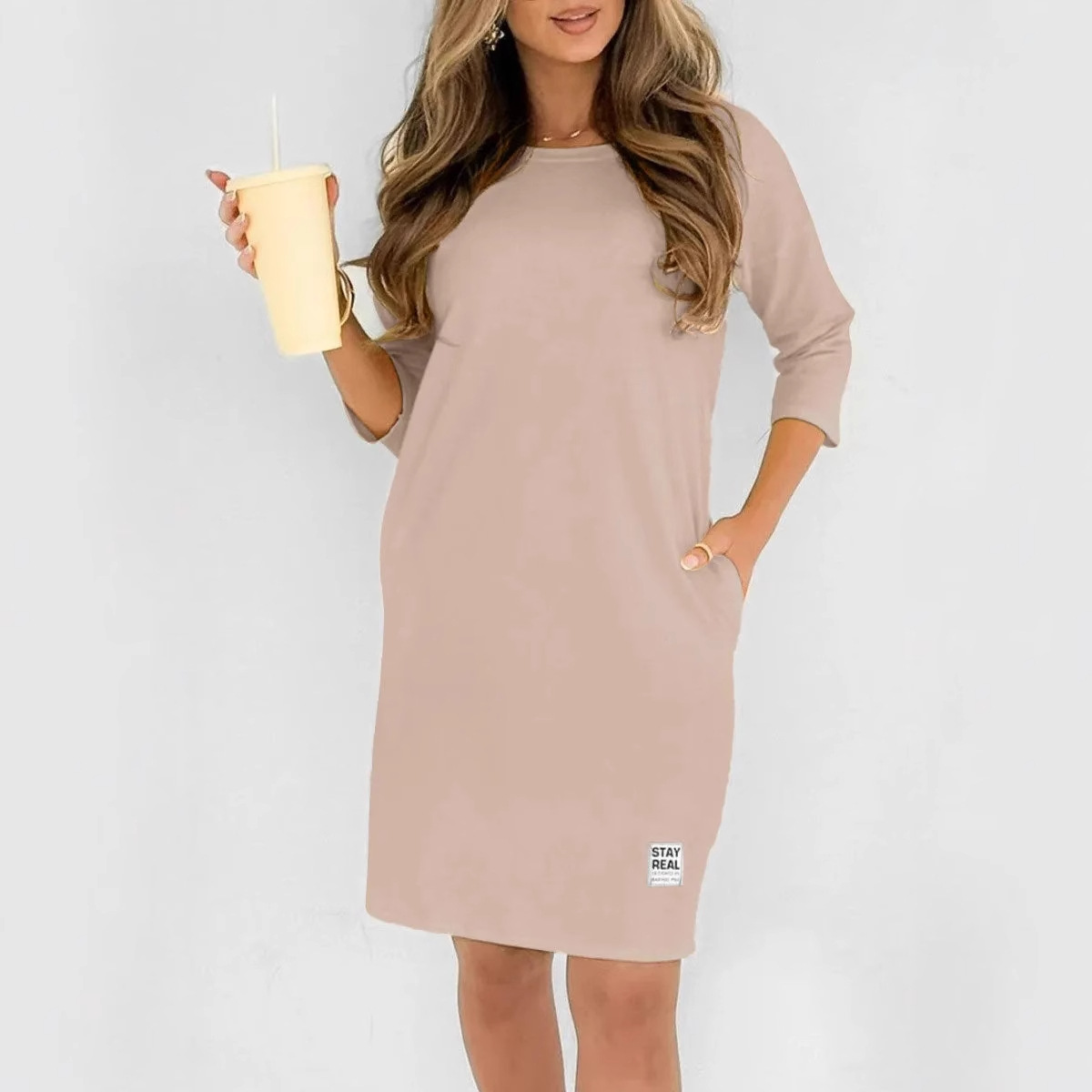 Women's Solid Crewneck Long Sleeve Loose Casual Midi Dress