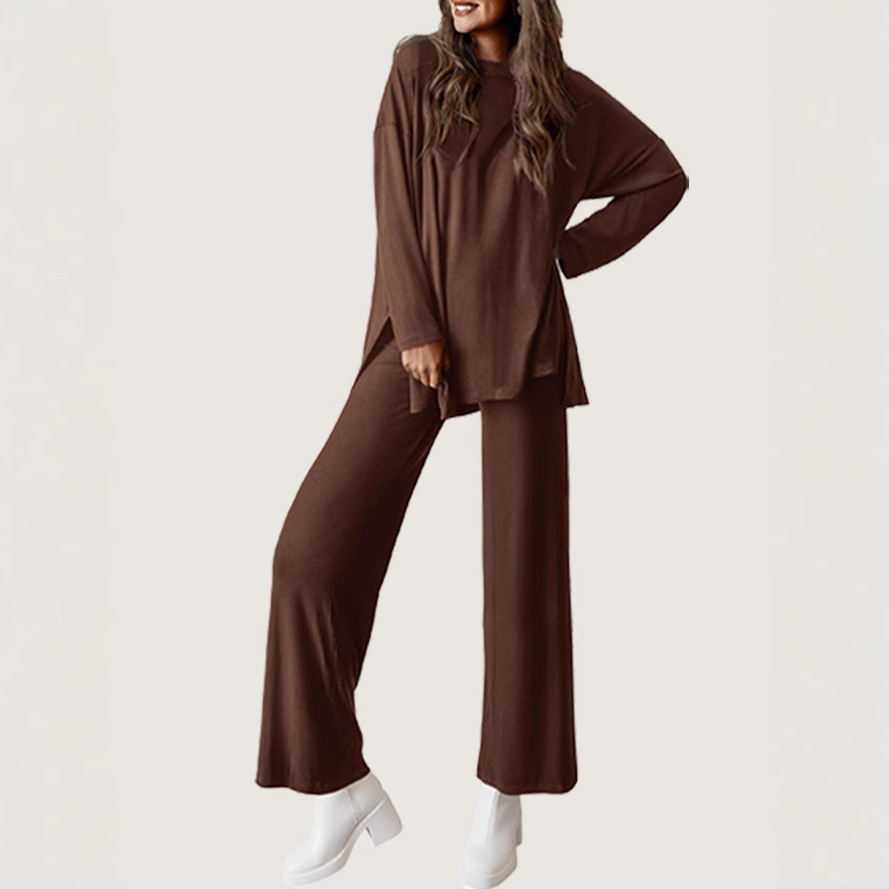 Women's Solid Color Crewneck Long Sleeve Wide Leg Pants Lounge Set