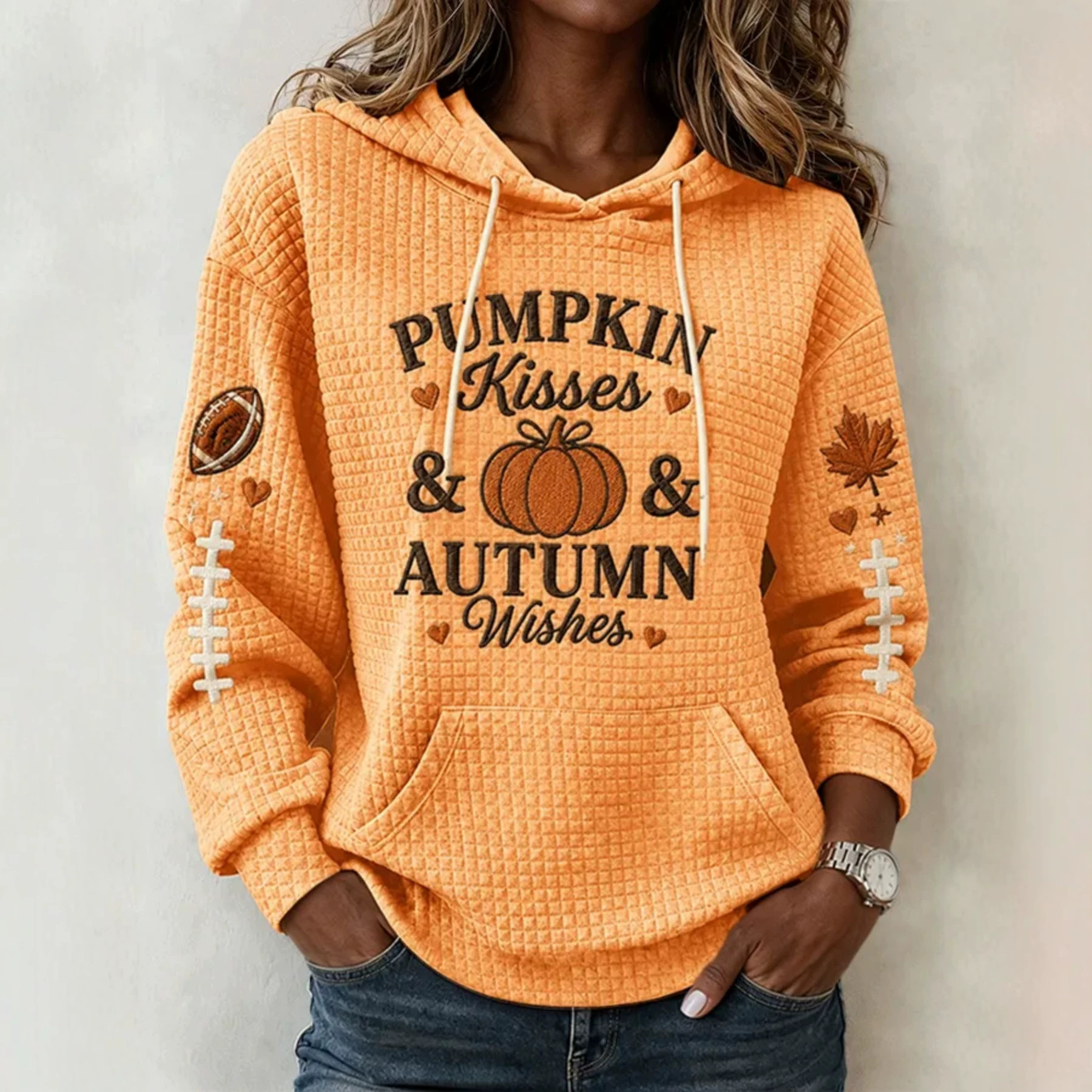 Pumpkin Football Waffle Knit Loose Fit Hoodie Women's Top