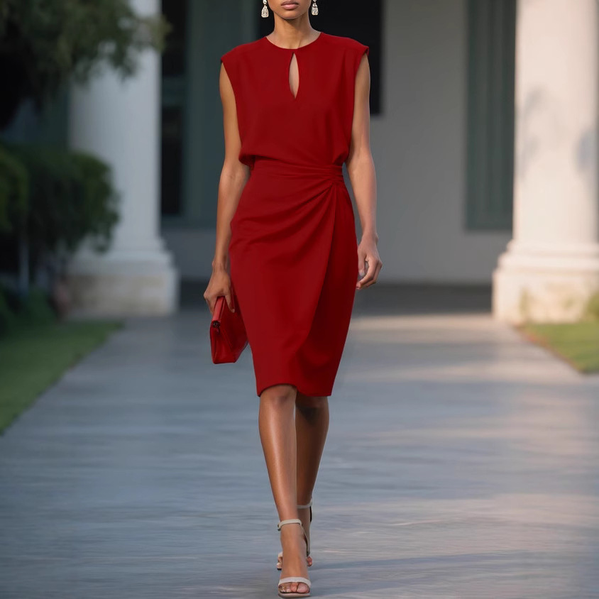 Women's Elegant Cross-Front Cutout Dress with Knotted Round Neck