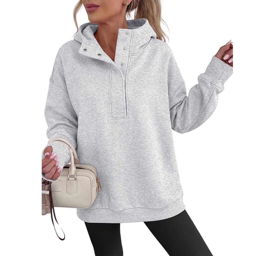 Women's Half-Button Hooded Sweatshirt Long Sleeve Loose Fit