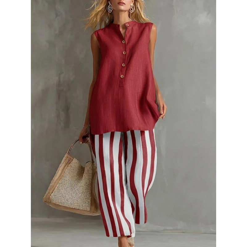 Women's Sleeveless Shirt and Striped Wide-Leg Pants Two-Piece Set