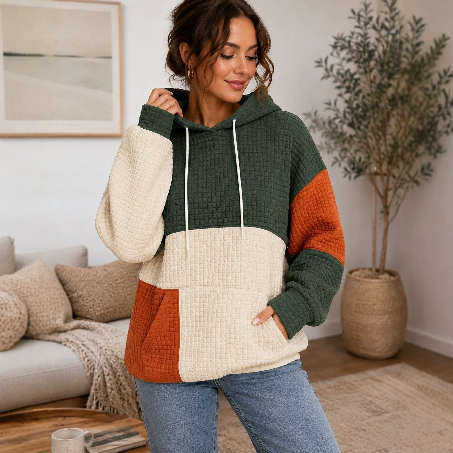 Plus Size Colorblock Waffle Knit Hoodie Women's Pullover