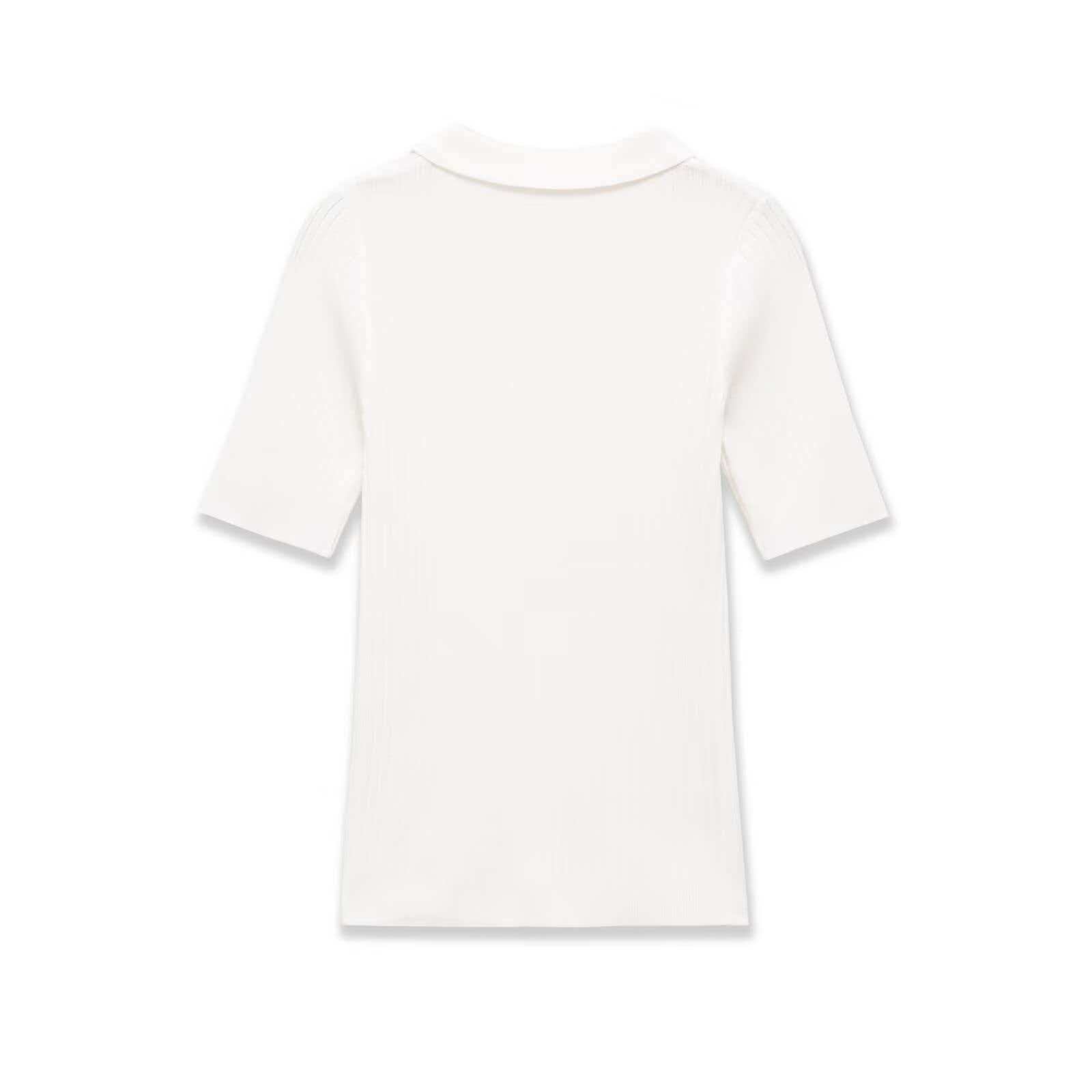 White Polo Collar Half-Sleeve Knit Top