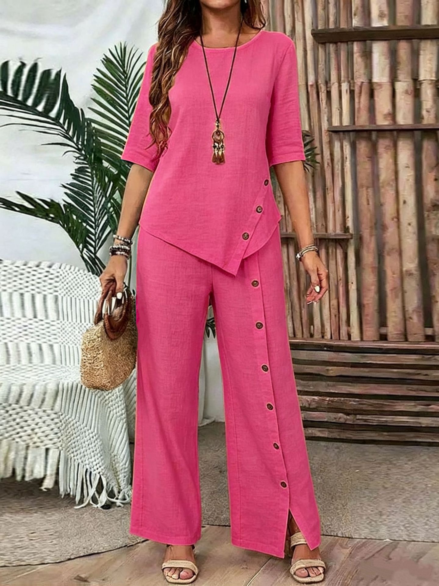 Women's Asymmetrical Hem Button Half-Sleeve Shirt and Pants Set