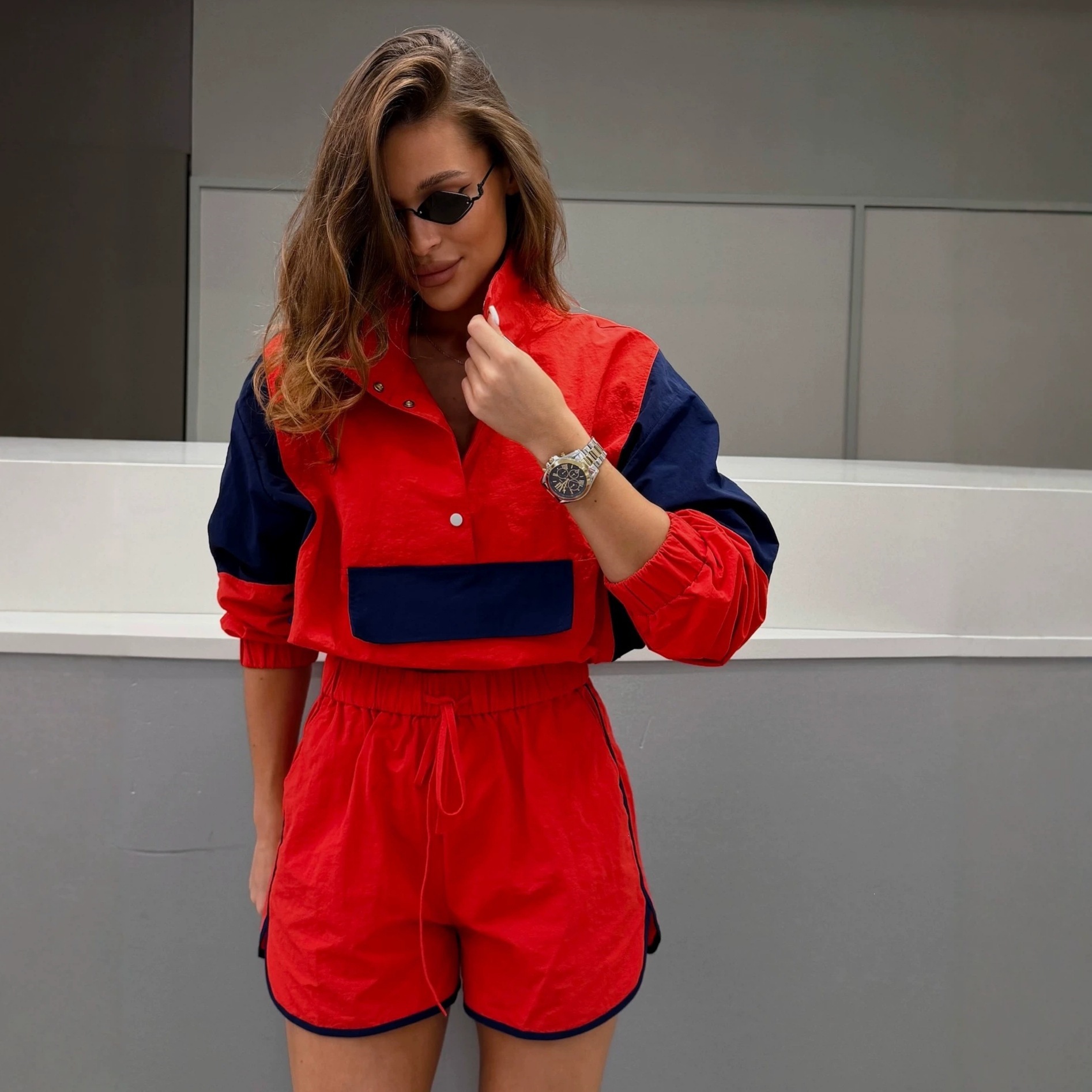 Colorblock Two-Piece Lightweight Stand Collar Drawstring Jacket and Elastic Waist Shorts Set