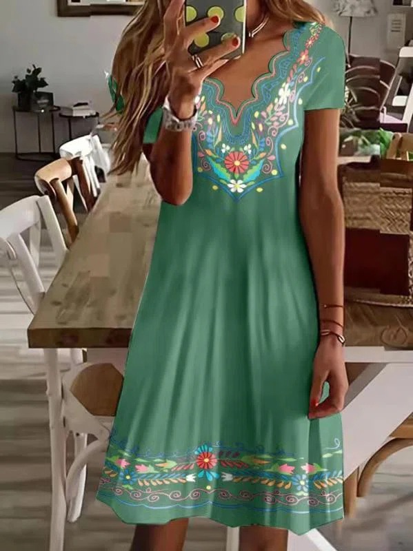 Women's Wave V-Neck Floral Print Short Sleeve Casual Dress