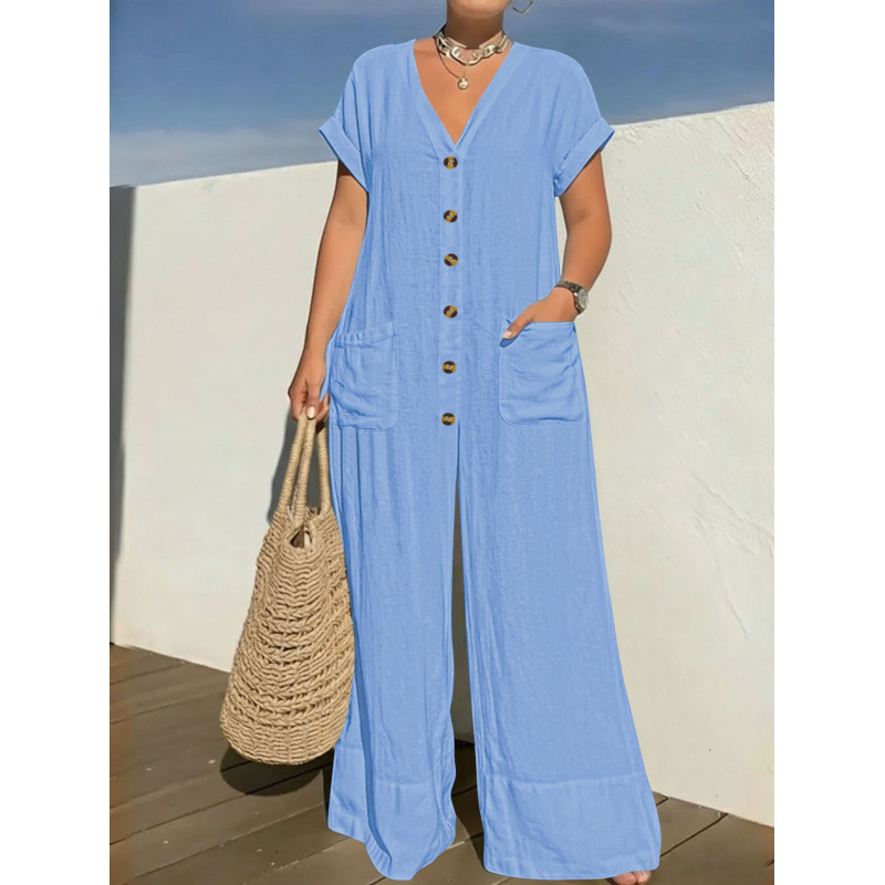 Women's Batwing Sleeve Wide Leg Jumpsuit V-Neck Button Casual Loose Fit