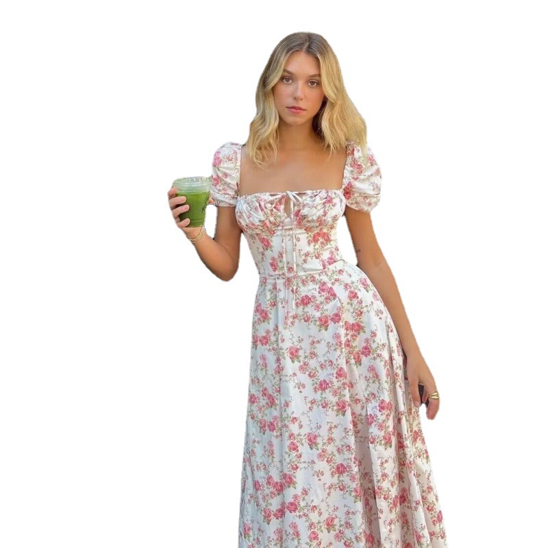 Floral Print High-Waist Slit Midi Dress with Puff Sleeves