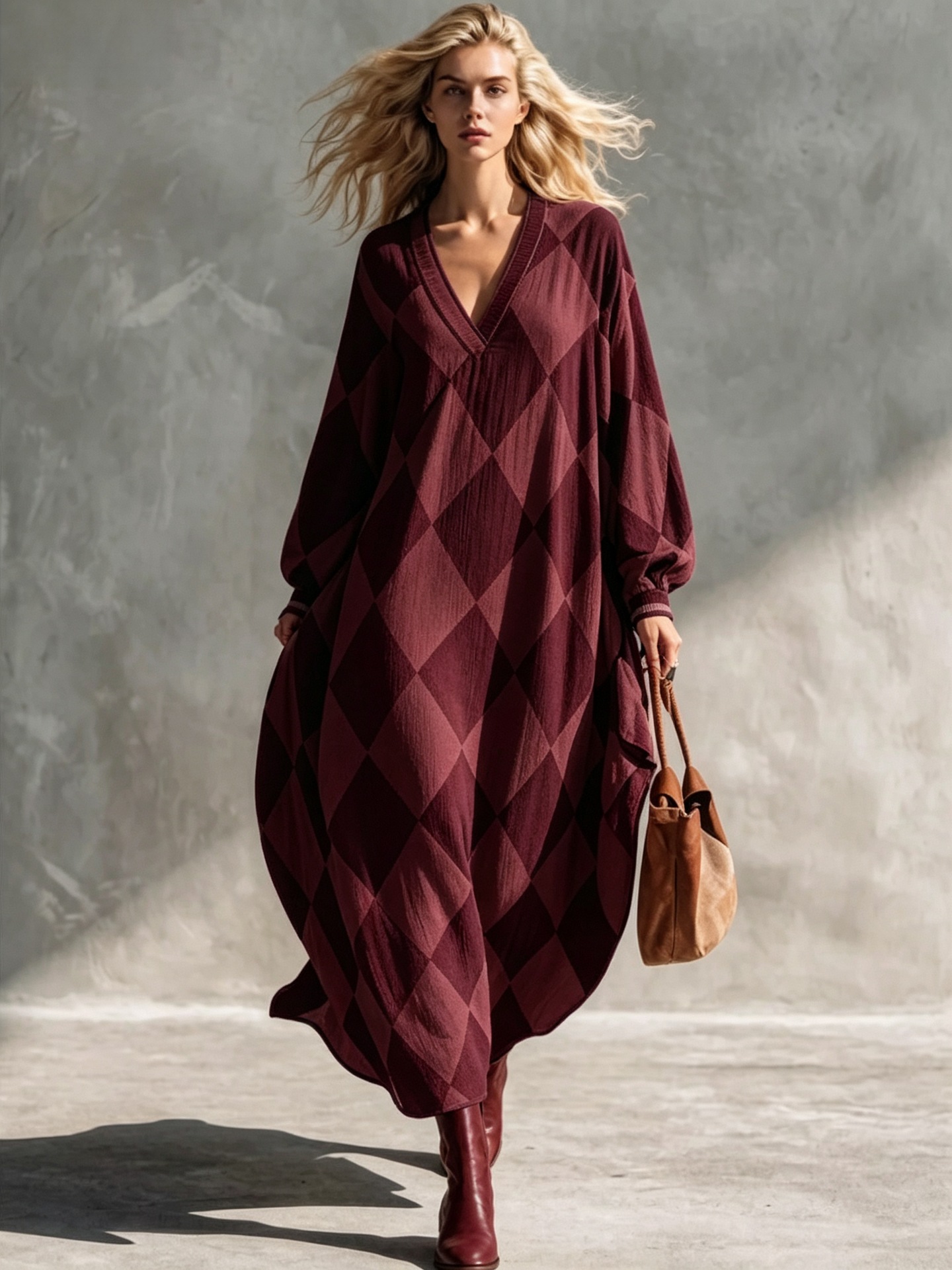 Retro Plaid V-Neck Lantern Sleeve Loose Casual Dress