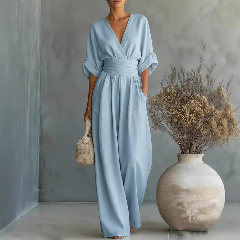 Women's Solid V-Neck Slim Waist Wide-Leg Jumpsuit