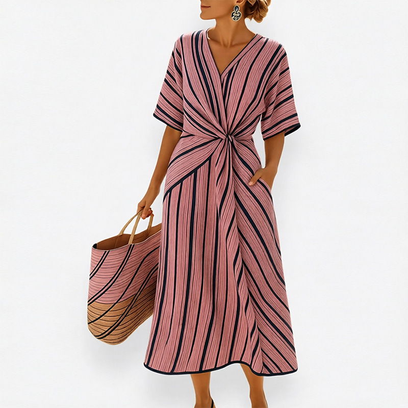 Women's V-Neck Tie Striped Dress Casual Comfortable Long