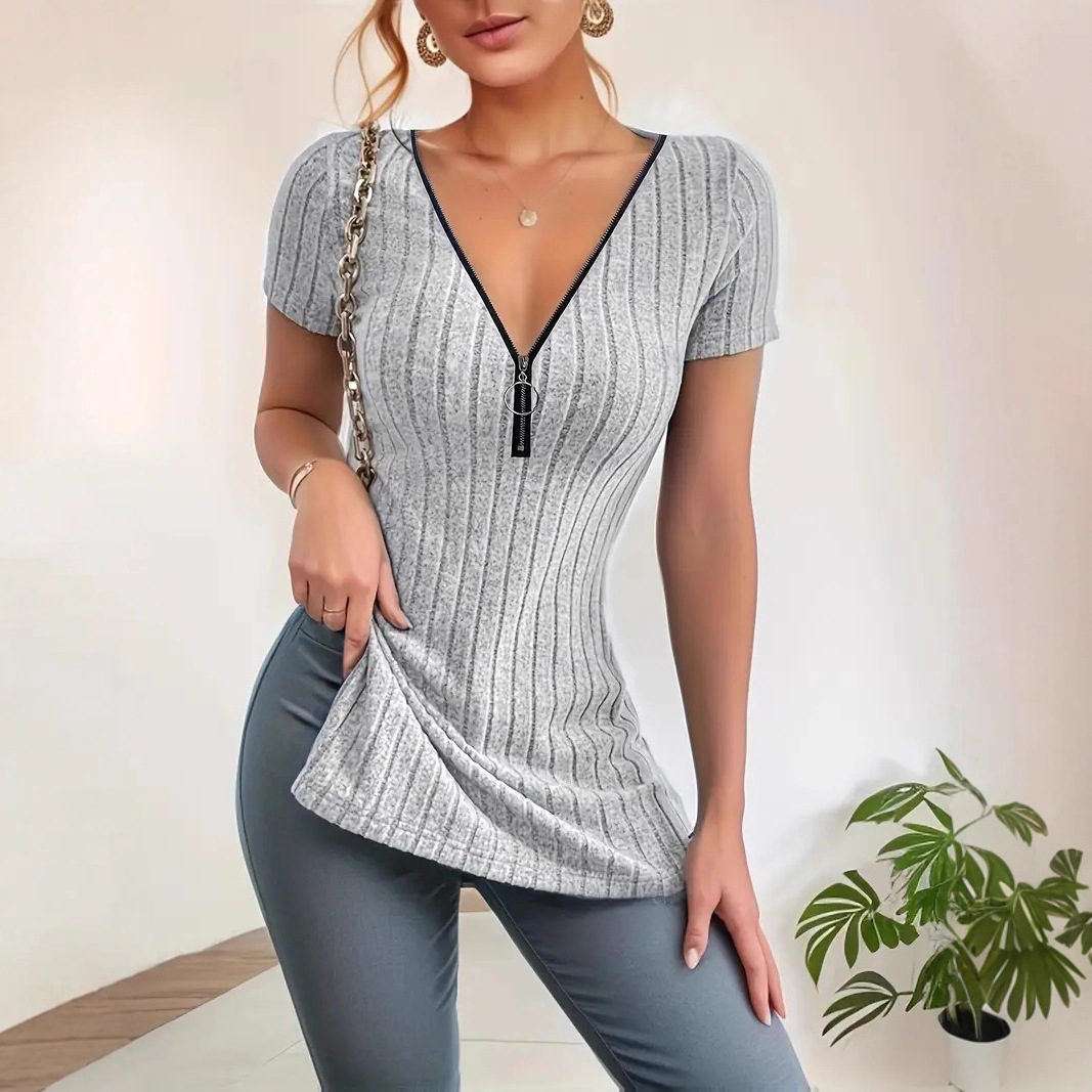 Women's Slim Fit Zip V-Neck Side Slit Ribbed Short Sleeve T-Shirt