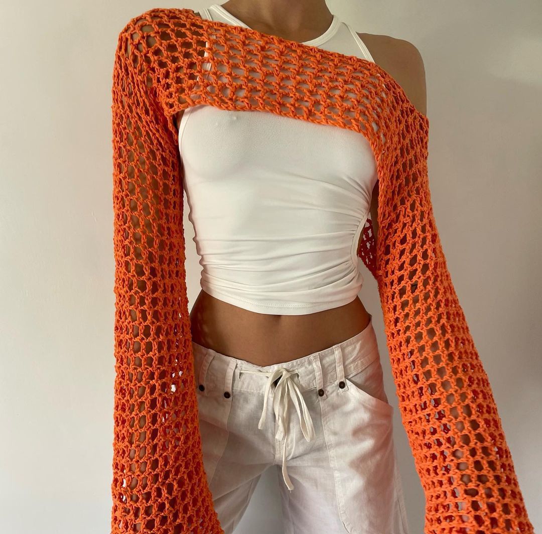 Women's Crochet Mesh Crop Top with Bell Sleeves
