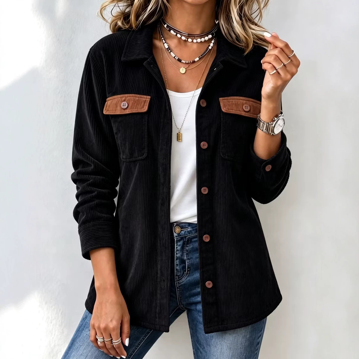 Women's Corduroy Button Pocket Casual Jacket