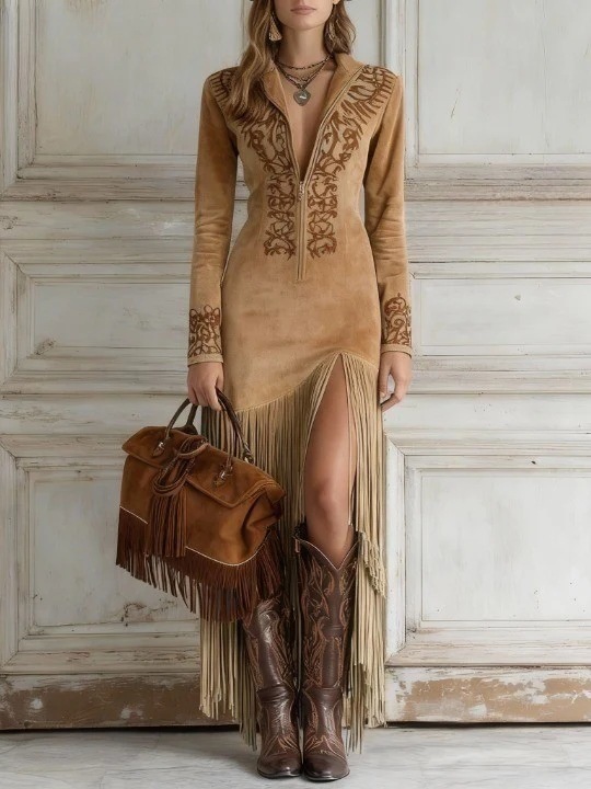 Women's Vintage Fringe Floral Zip Long Dress