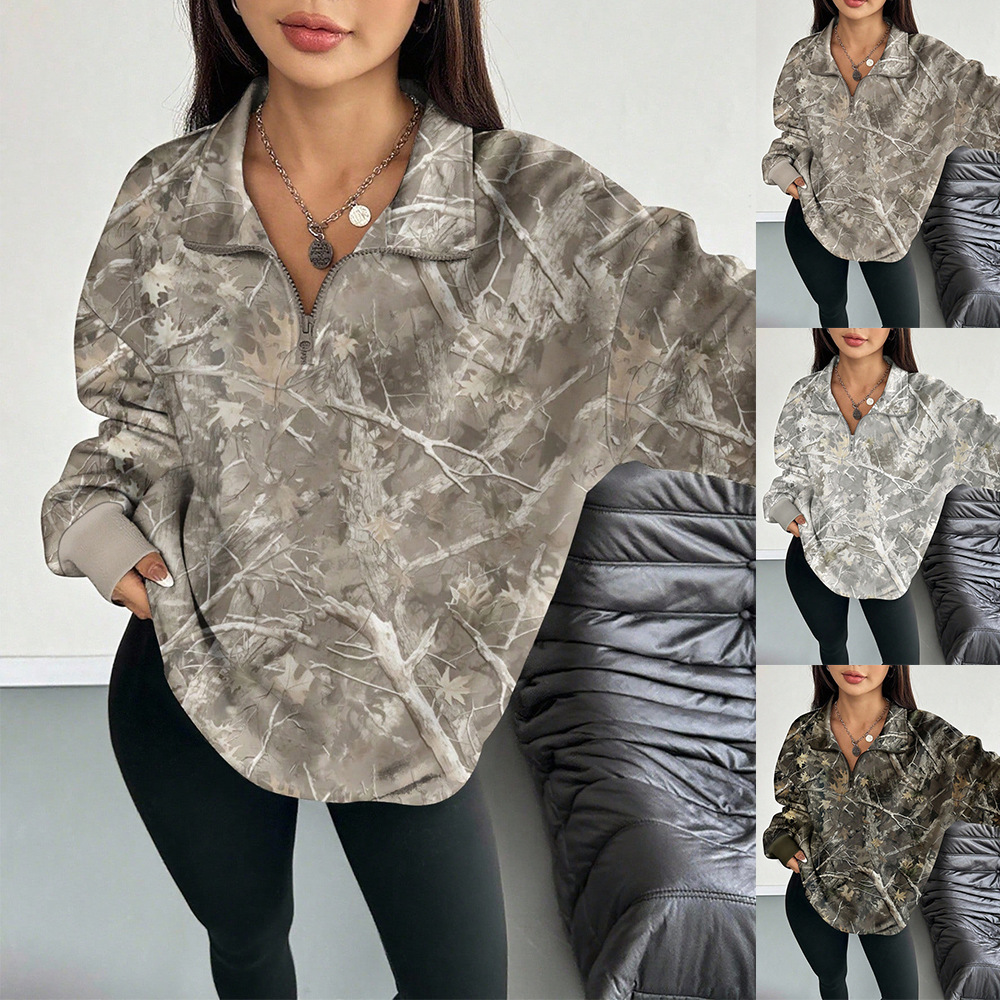 Women's Branch Print Loose Sweatshirt with Collar