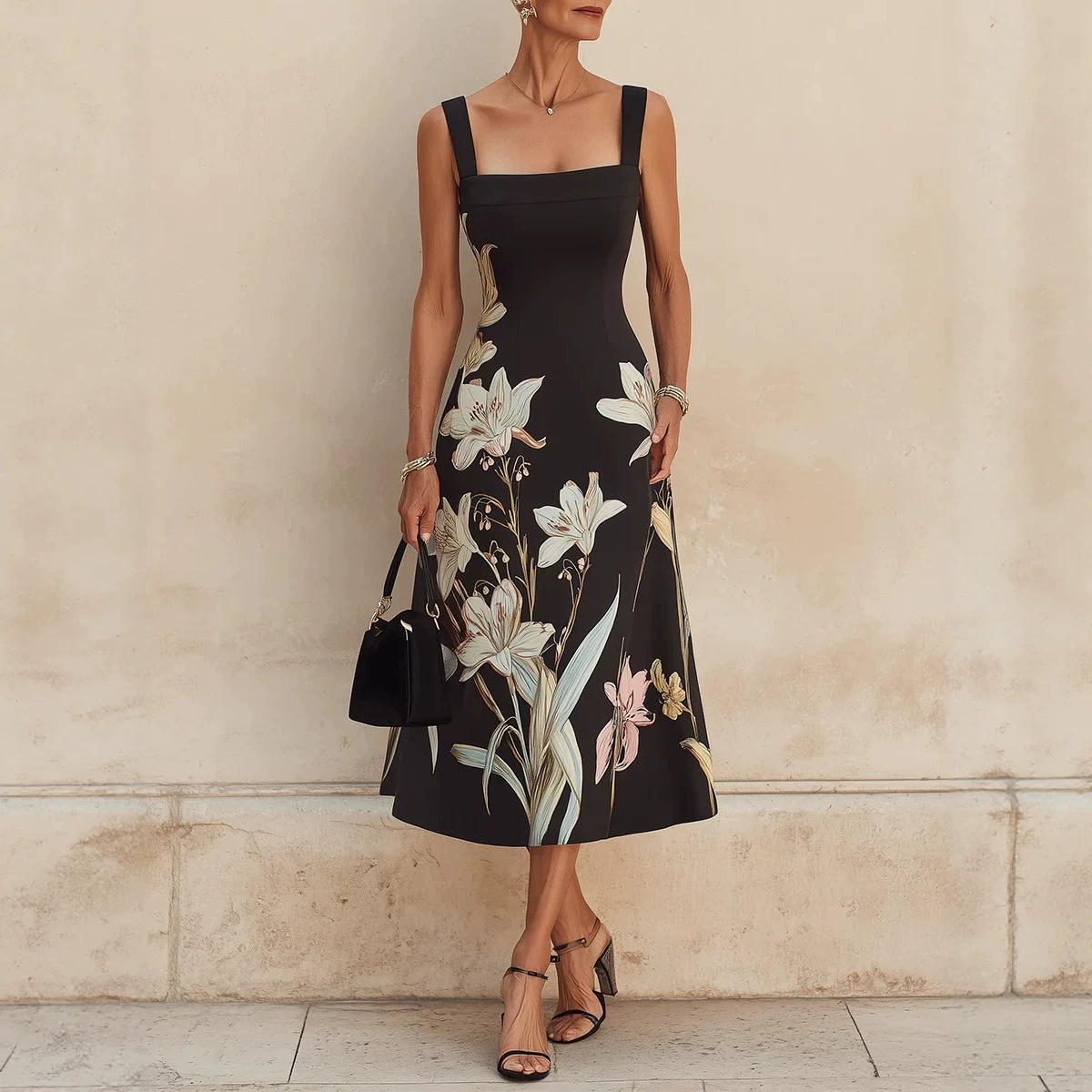 Black Lily Print Square Neck Cami Dress High Waist Midi A-Line
