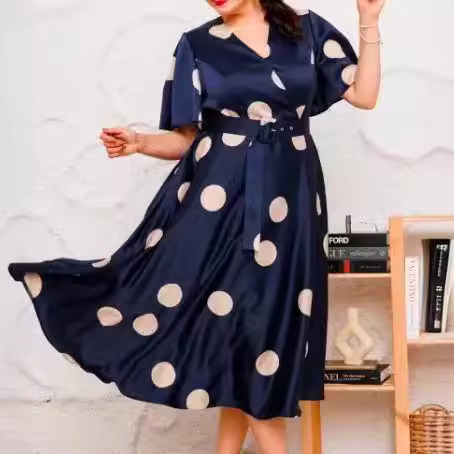 V-Neck Polka Dot A-Line Midi Dress with Short Sleeves