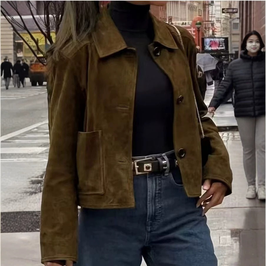 Suede Women's Slim Fit Single-Breasted Lapel Commuter Jacket