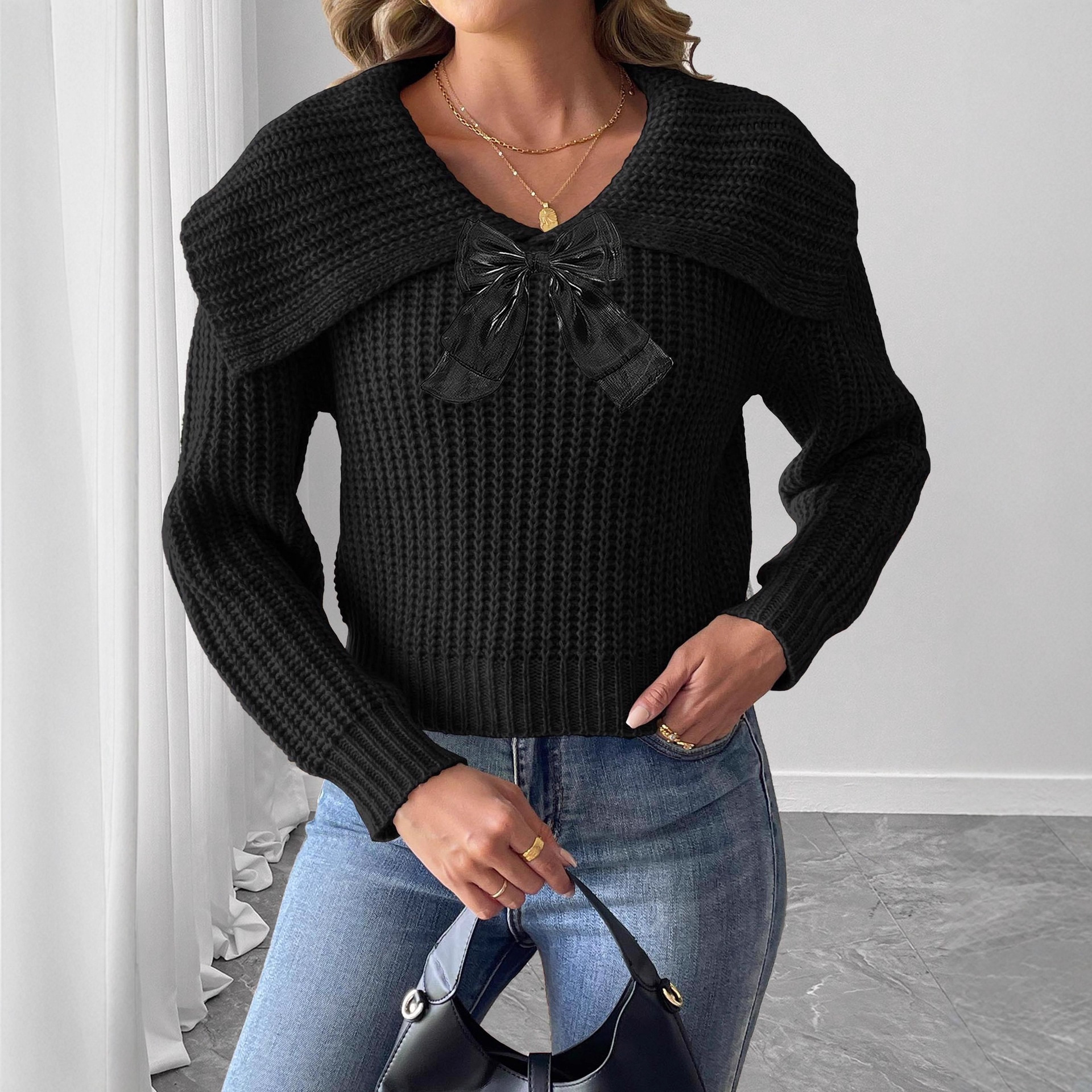 Women's Cropped Knit Sweater with Bow Detail and Oversized Collar