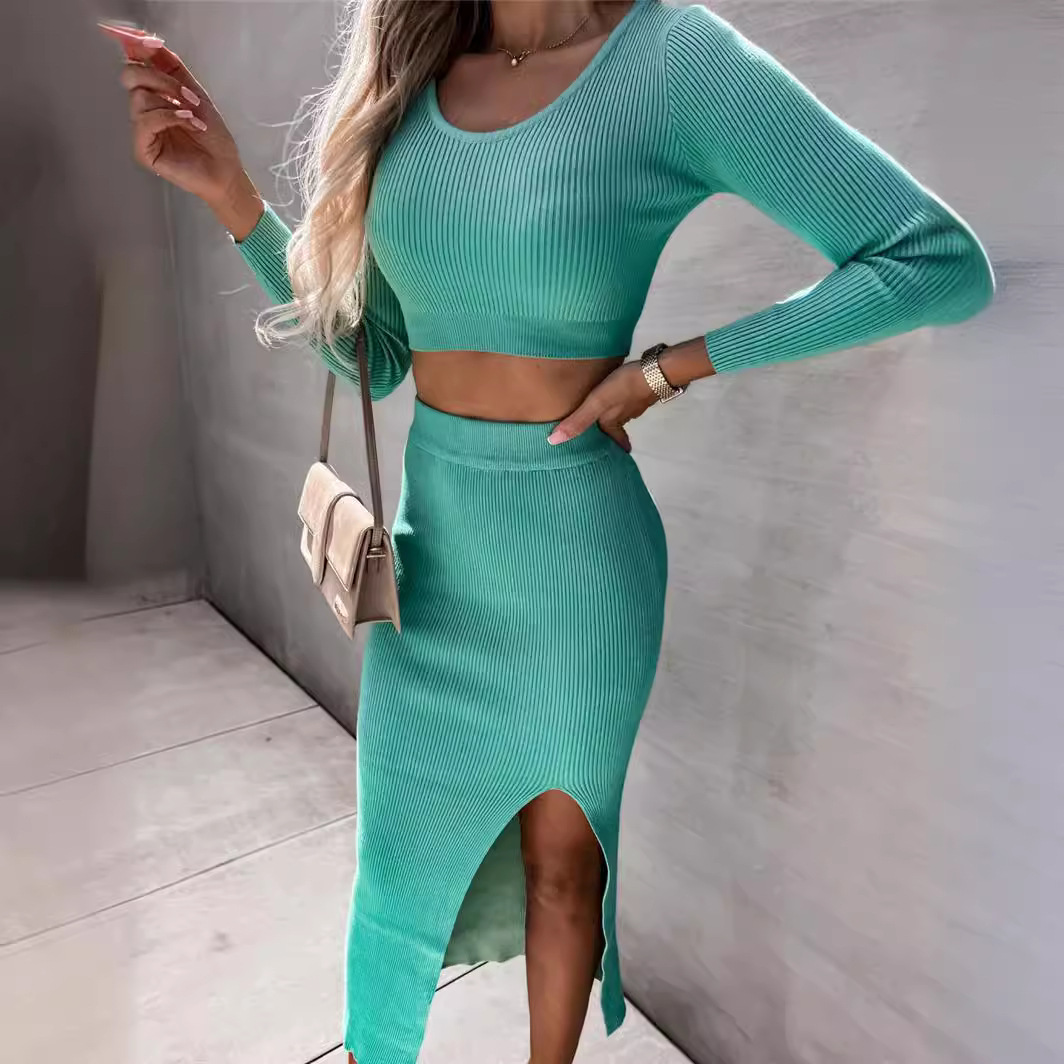 Solid Ribbed Long Sleeve Slit Midi Dress Two-Piece Set