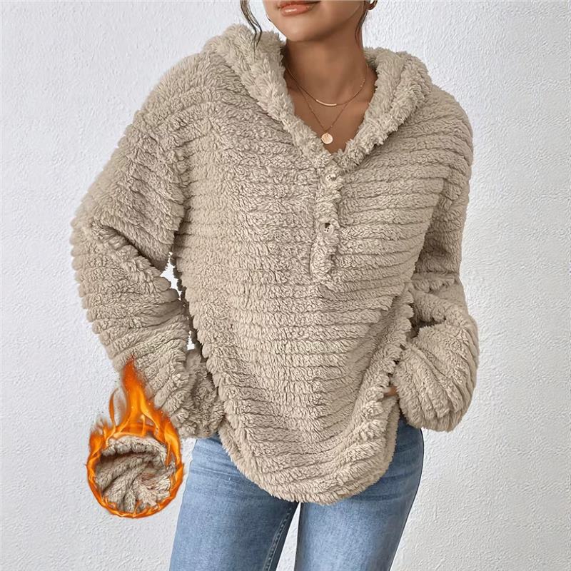 Women's Loose Plush Hooded Pullover Sweatshirt Button Front