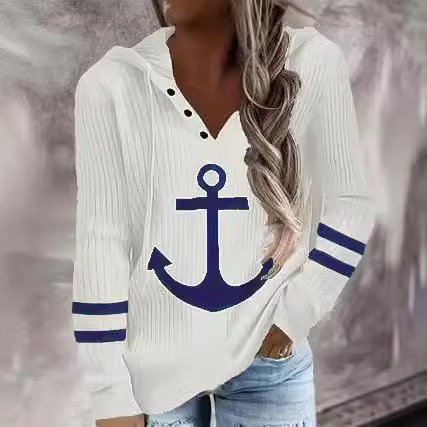 V-Neck Button Long-Sleeve Hooded Sweatshirt