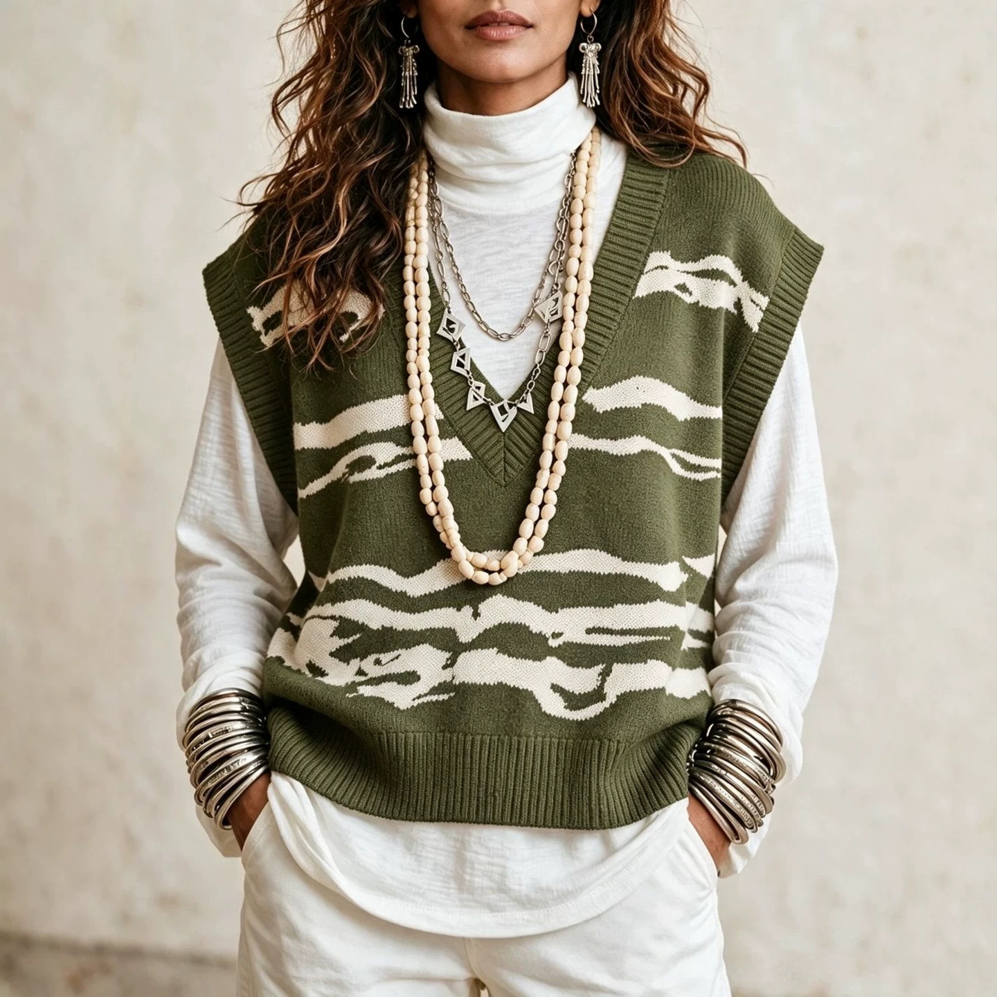 V-Neck Wavy Knit Sweater Vest Sleeveless Pullover