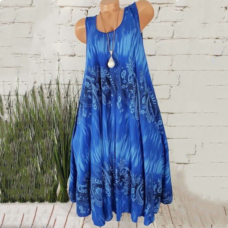 Women's Digital Print A-Line Midi Dress Sleeveless High Waist