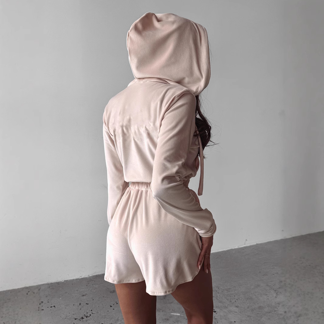 Women's Velvet Zip-Up Hoodie and Shorts Set Long Sleeve