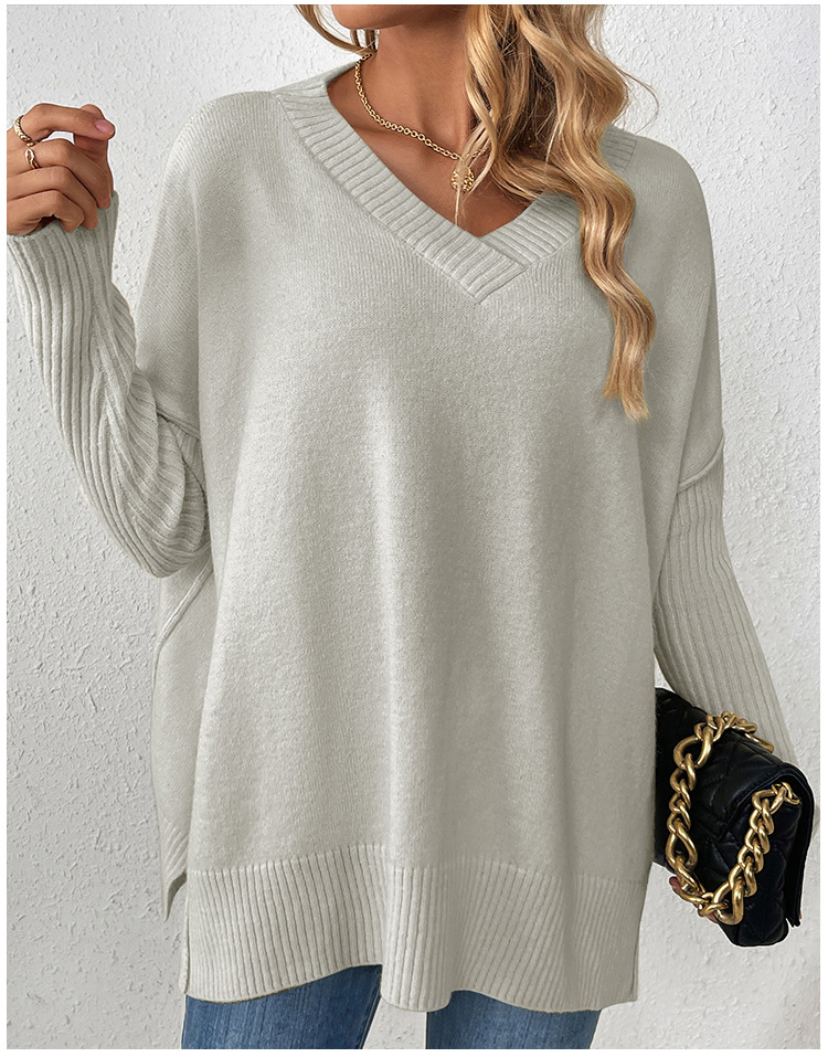 Women's V-Neck Pullover Sweater Lazy Style Patchwork Long Sleeve Knit Top