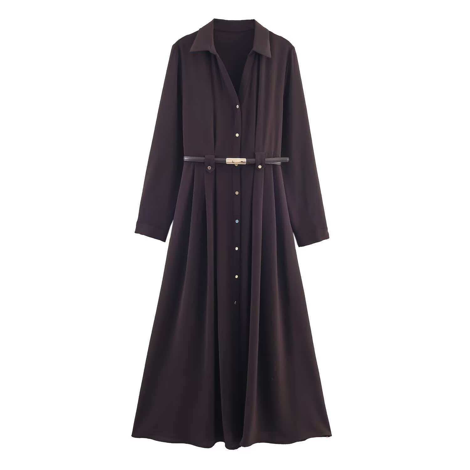 Women's Belted Shirt Midi Dress Long Sleeve High Waist