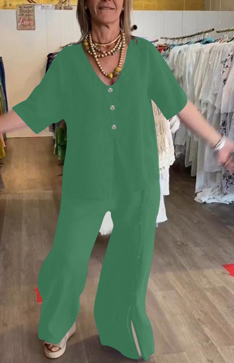Solid Color Short Sleeve Button Slit Cotton Linen Pant Set