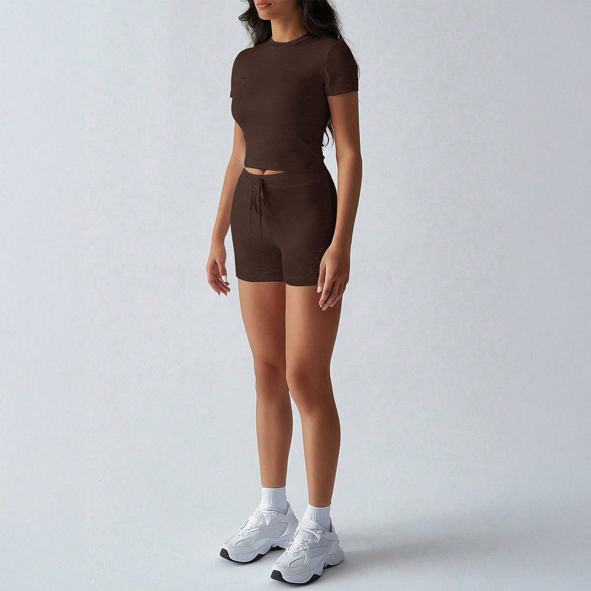 Women's Solid Color Short Sleeve Tie Shorts Yoga Set