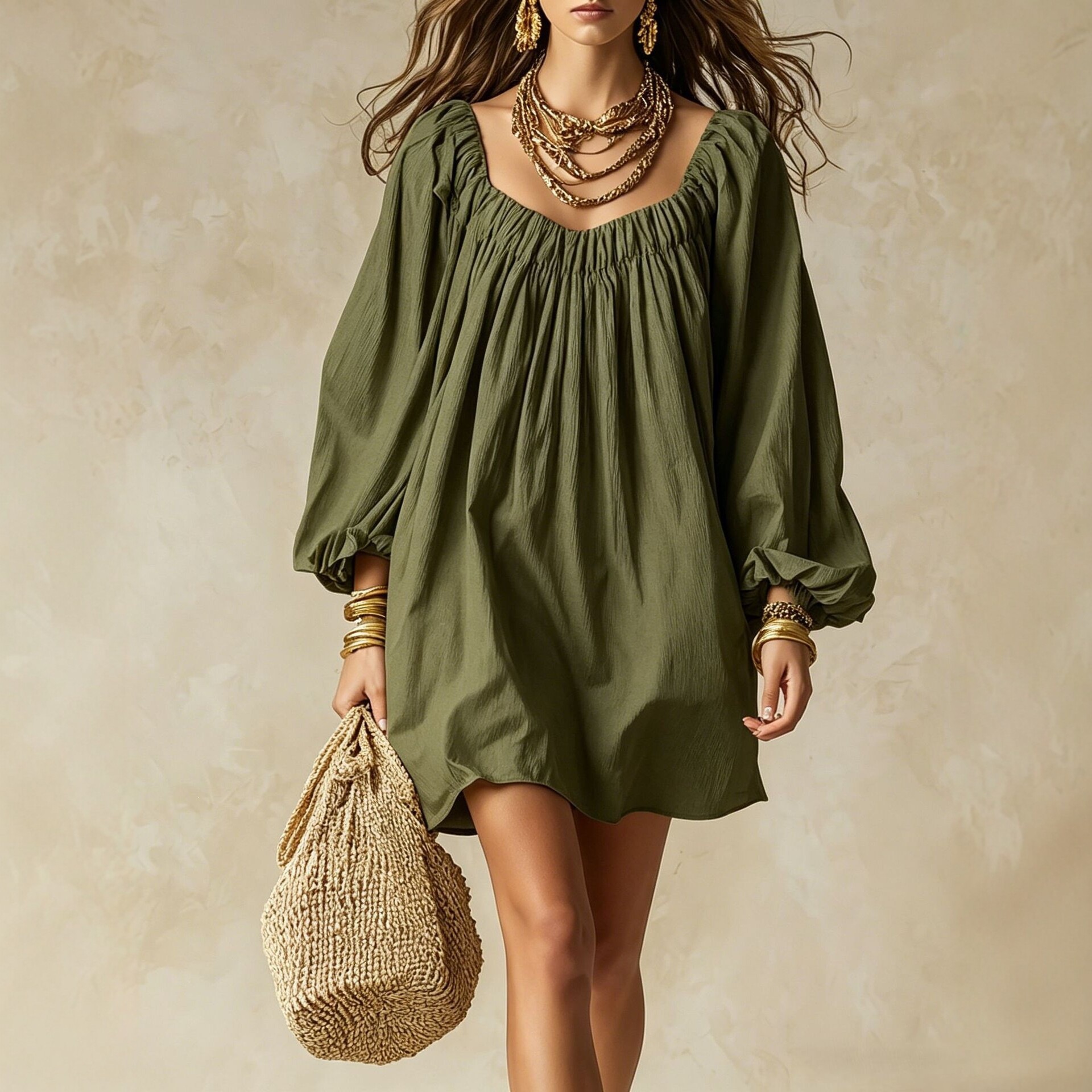 Boho Square Neck Lantern Sleeve A-Line Short Dress