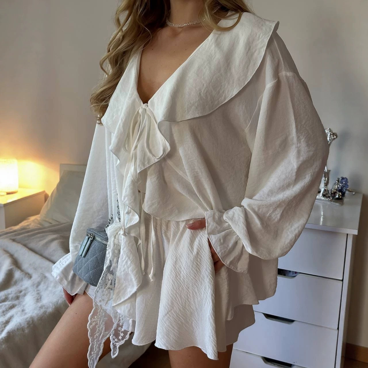 Women's Ruffle Trim Loose Top and Shorts Two-Piece Set
