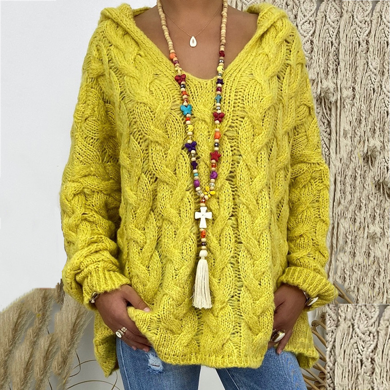 Women's Cable-Knit Hooded Sweater, Pure Color Pullover