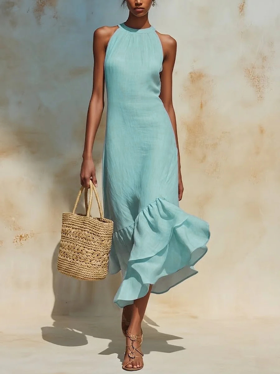 Women's Sleeveless Halter Cotton-Linen Dress with Asymmetrical Ruffle Fishtail Hem