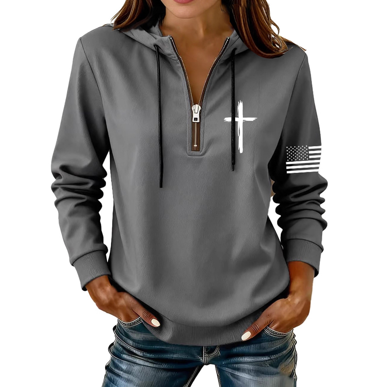Cross & American Flag Print Half-Zip Hoodie
