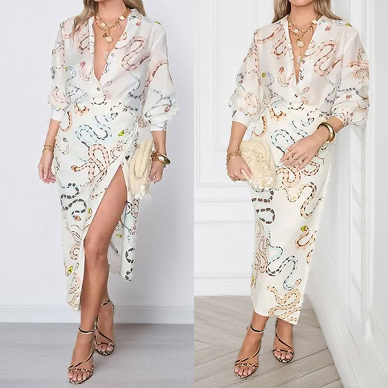 Elegant Loose Print Long-Sleeve Shirt and Skirt Two-Piece Set