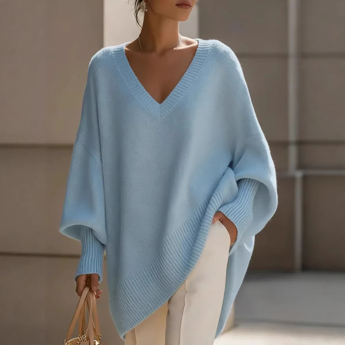 Women's Solid Color Long Sleeve V-Neck Knit Top