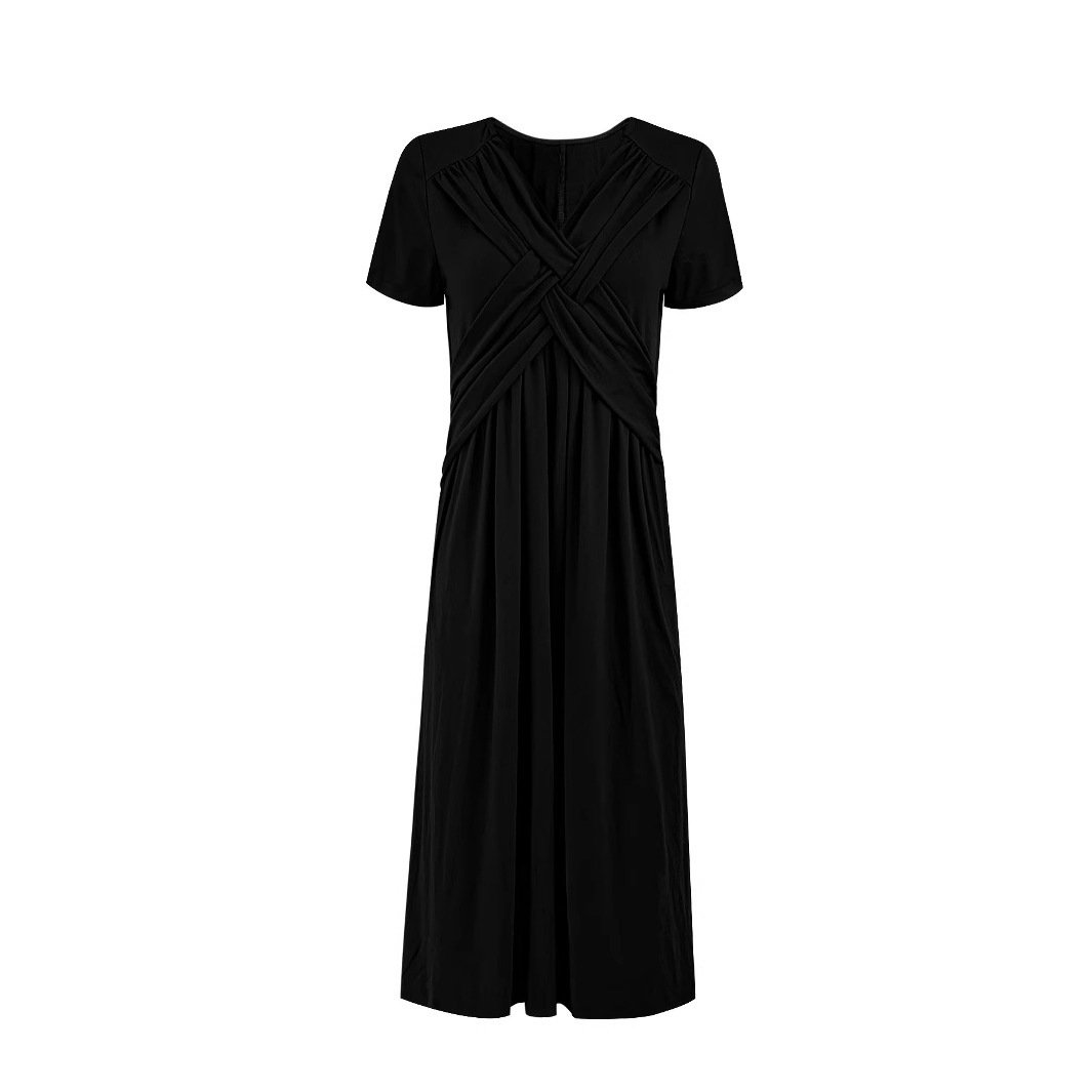 Women's Summer Short Sleeve Midi Dress Cross Pleated V-Neck A-Line